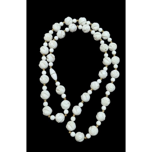 Vintage White Plastic Knot Beaded Necklace With Gold Tone Accents - Picture 1 of 5